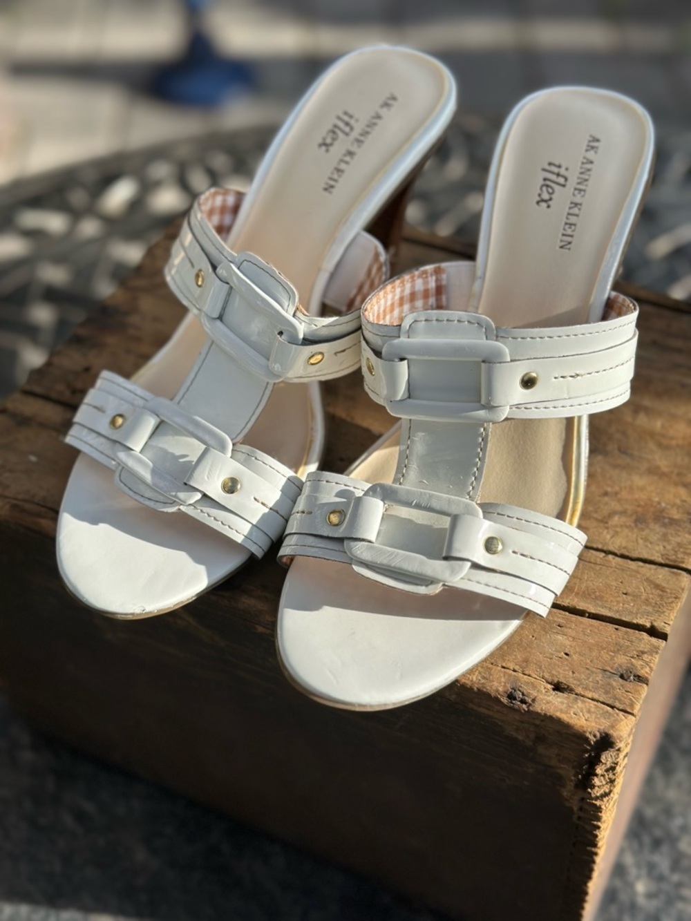 Anne Klein White Patent Leather Buckle-Trim Slide Heeled Sandals Y2K